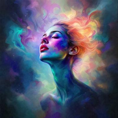 The primary subject of the image is a woman with a colorful, flowing mane. She is looking upward, possibly towards the sky, with a sense of wonder. The setting is a colorful, swirling background that adds to the overall atmosphere of the painting. The visual style is a combination of digital art and illustration, creating a vibrant and dynamic scene. The colors and mood of the image are lively and uplifting, with the woman's flowing hair and the swirling background creating
